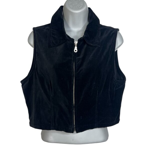 Vintage Velvet Cropped Vest Tank Zip Front 90s Y2K Black Collared Medium - Picture 1 of 8